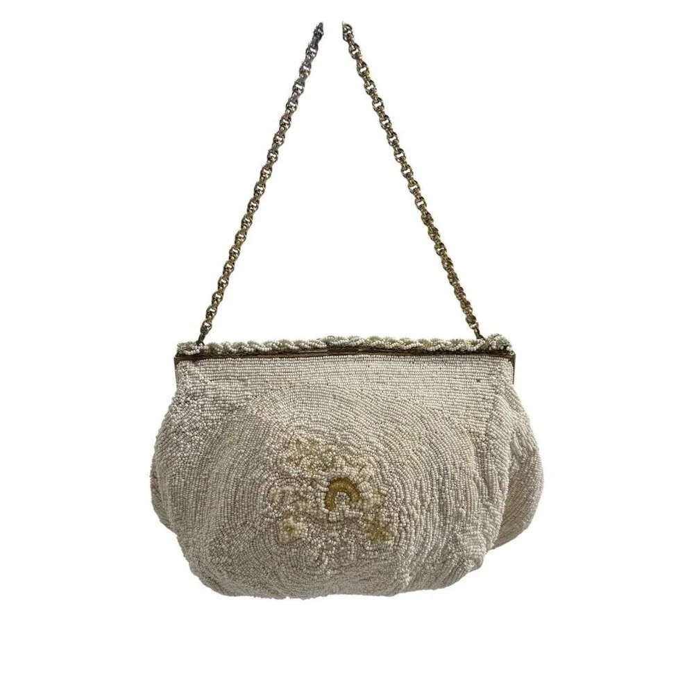 Vintage Rosenfeld Cream and Gold Hand Beaded Purse Made In Belgium